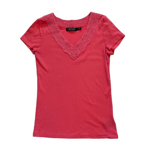 Ralph Lauren Pink Cotton V-Neck Crochet Trim Short Sleeve T Shirt / Top, Size M - Picture 1 of 10